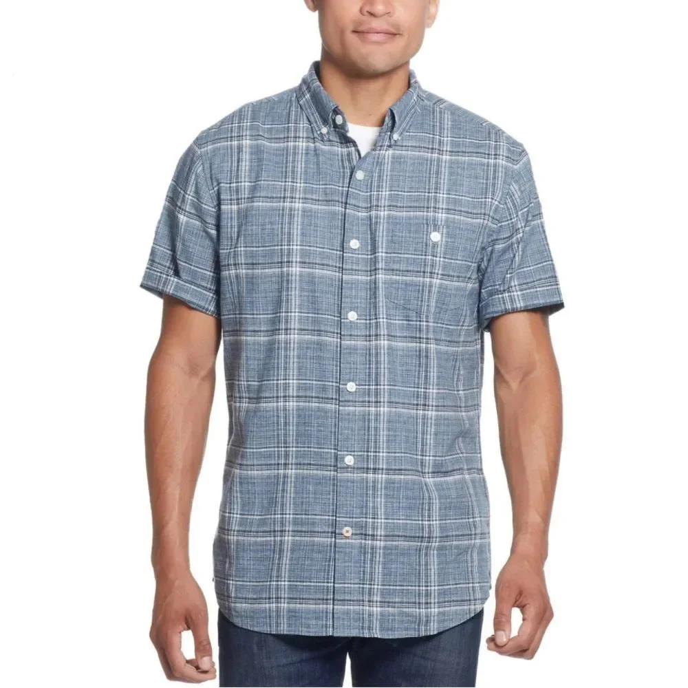 Weatherproof Vintage Linen Blend Blue Plaid Short Sleeve Button Front Men XL